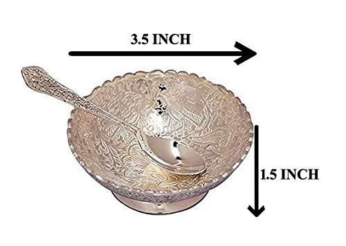 Rastogi Handicrafts Aluminium -Silver Plated Small Bowl Set with Spoon Size - 3.5 Inch Diameter Bowl, capacity -100 ml /3.38 OZ