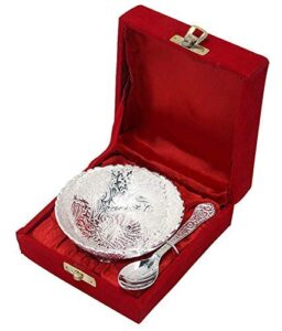rastogi handicrafts aluminium -silver plated small bowl set with spoon size - 3.5 inch diameter bowl, capacity -100 ml /3.38 oz