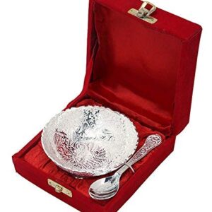 Rastogi Handicrafts Aluminium -Silver Plated Small Bowl Set with Spoon Size - 3.5 Inch Diameter Bowl, capacity -100 ml /3.38 OZ