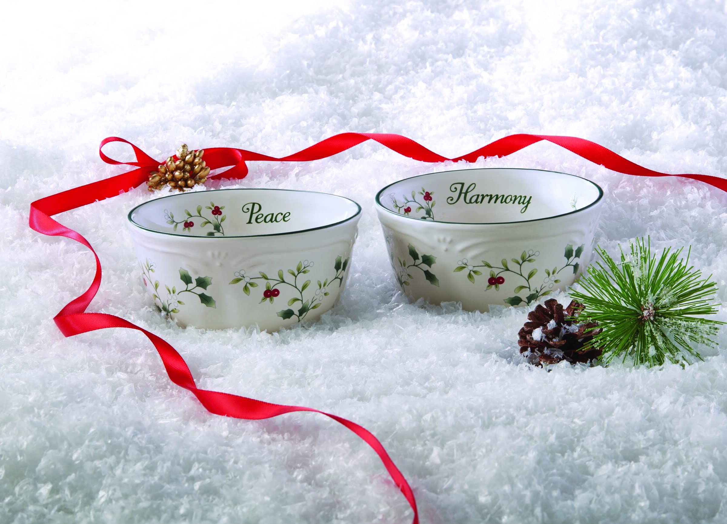 Pfaltzgraff Winterberry Round Sentiment Dessert Bowls, Set of 2, White