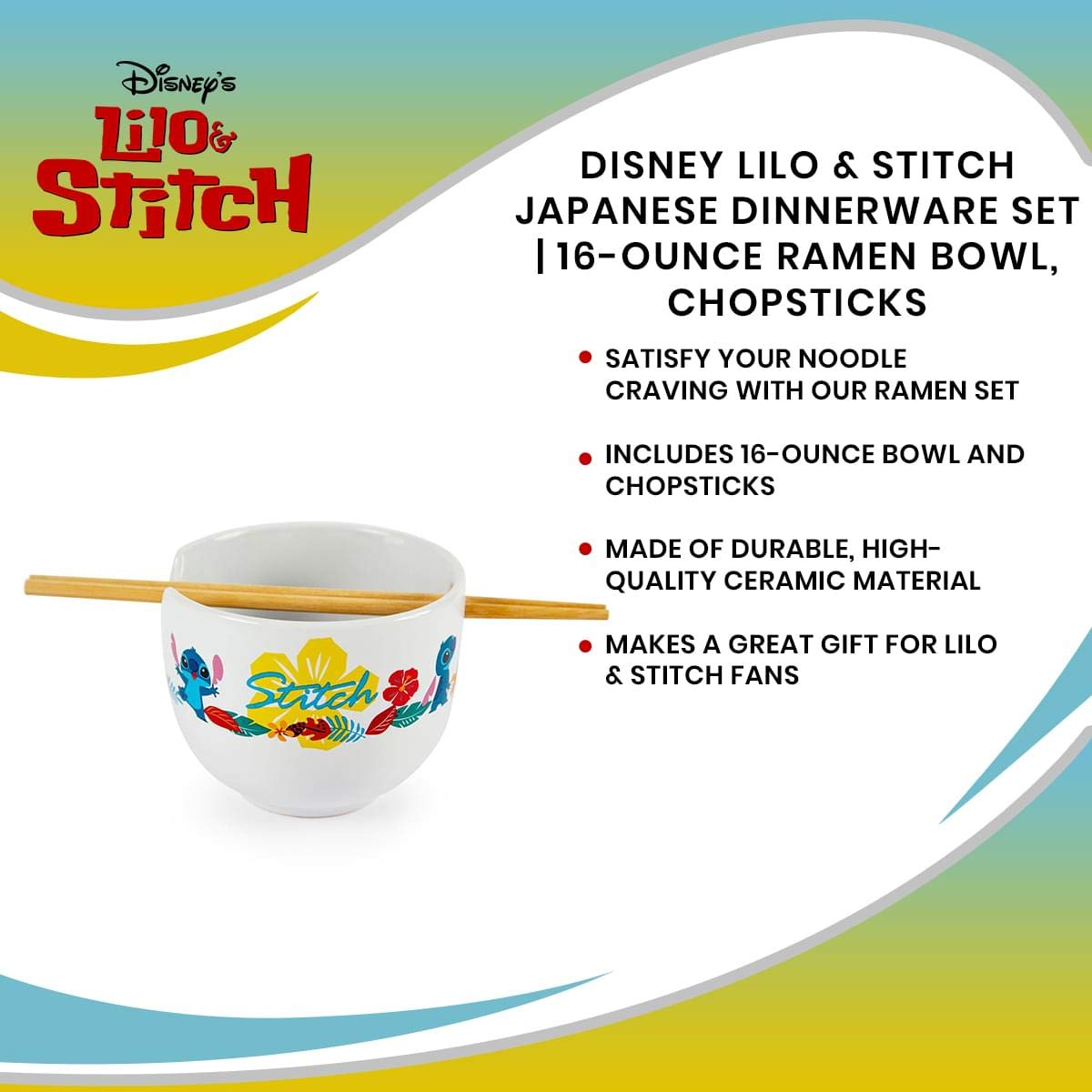 Robe Factory LLC Disney Lilo & Stitch Japanese Dinnerware Set | 16-Ounce Ramen Bowl, Chopsticks