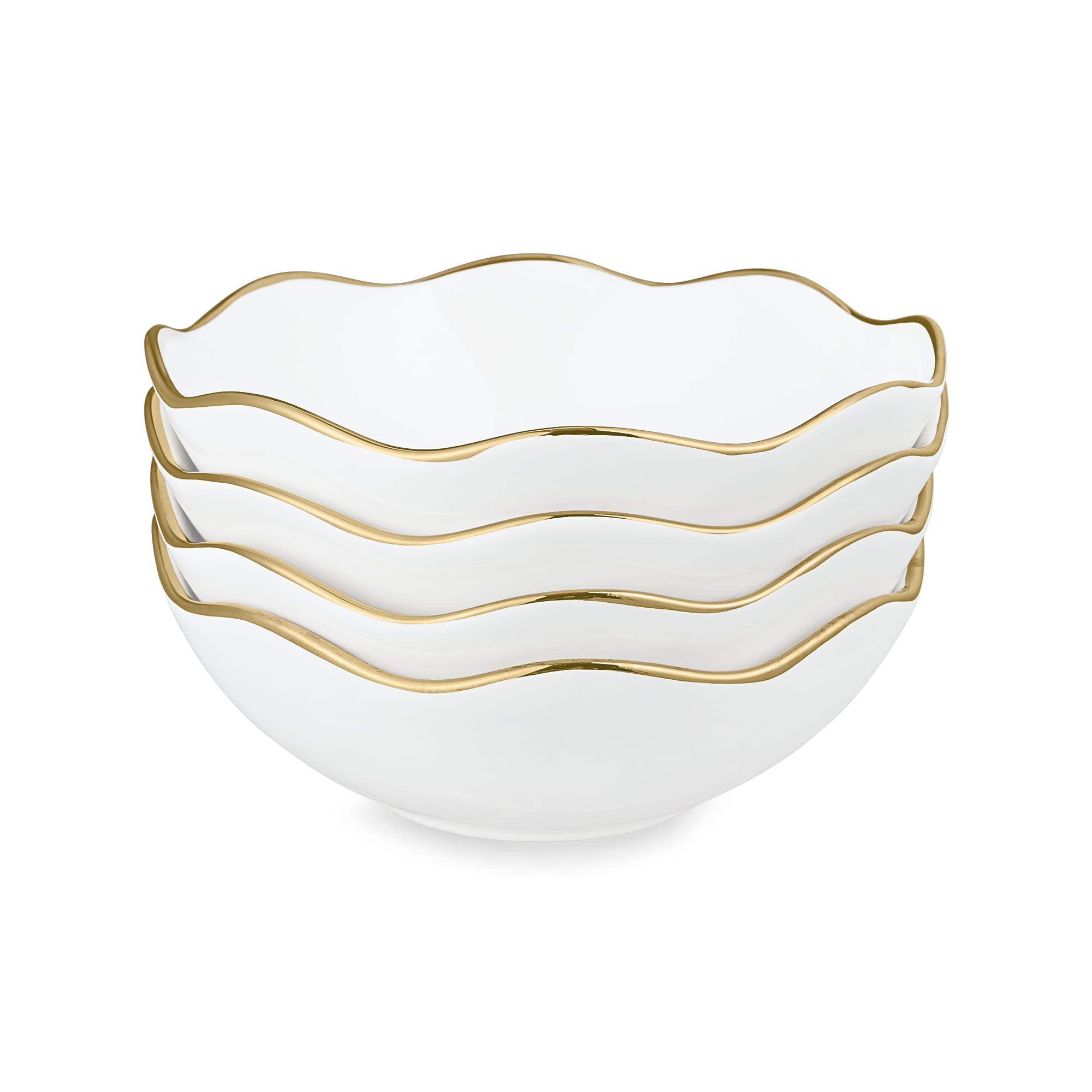 fanquare 16oz Vintage White Pasta Bowls Set of 4, Porcelain Salad Bowls, 7" Kitchen Serving Bowls, Cereal Bowls with Gold Trim