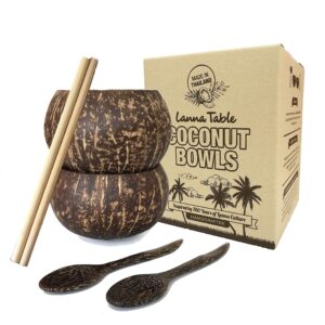 lanna natural polished coconut bowls set of 2 with hand carved wood spoons & bamboo straws - perfect eco-friendly gifts for vegan, buddha bowls, acai smoothie drinking cups(medium)