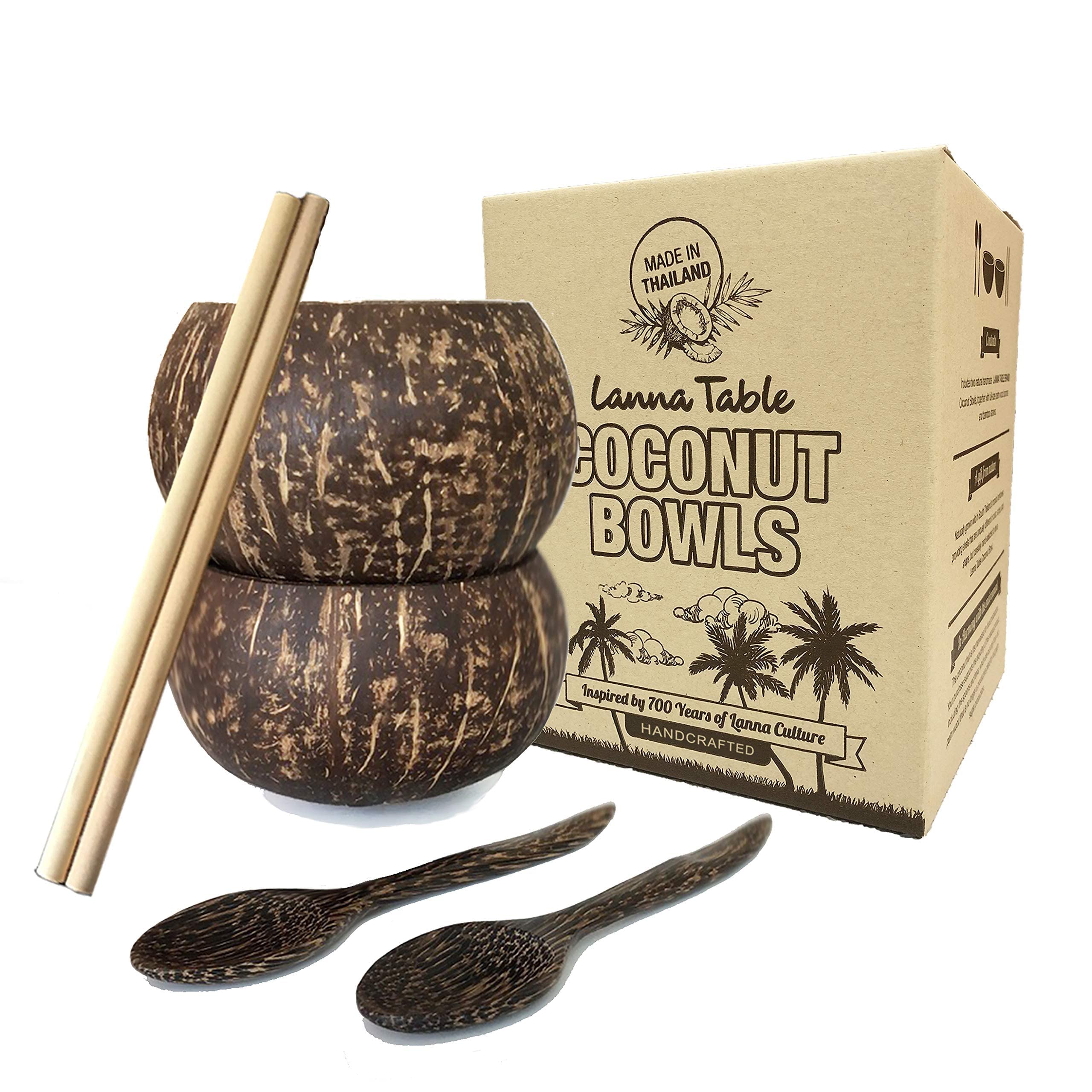 LANNA Natural Polished Coconut Bowls Set of 2 with Hand Carved Wood Spoons & Bamboo Straws - Perfect Eco-Friendly Gifts for Vegan, Buddha Bowls, Acai Smoothie Drinking Cups(Medium)