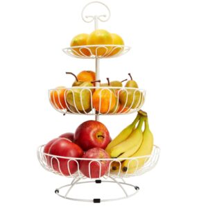 juvale large white fruit basket for kitchen counter, metal 3 tiered fruit stand for countertop, fresh produce, fruits and vegetables, organization, storage rack (18 in)