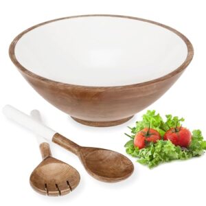 wooden salad bowl set large 12" with server tongs spoons, white bowl with utensils for kitchen gift decor