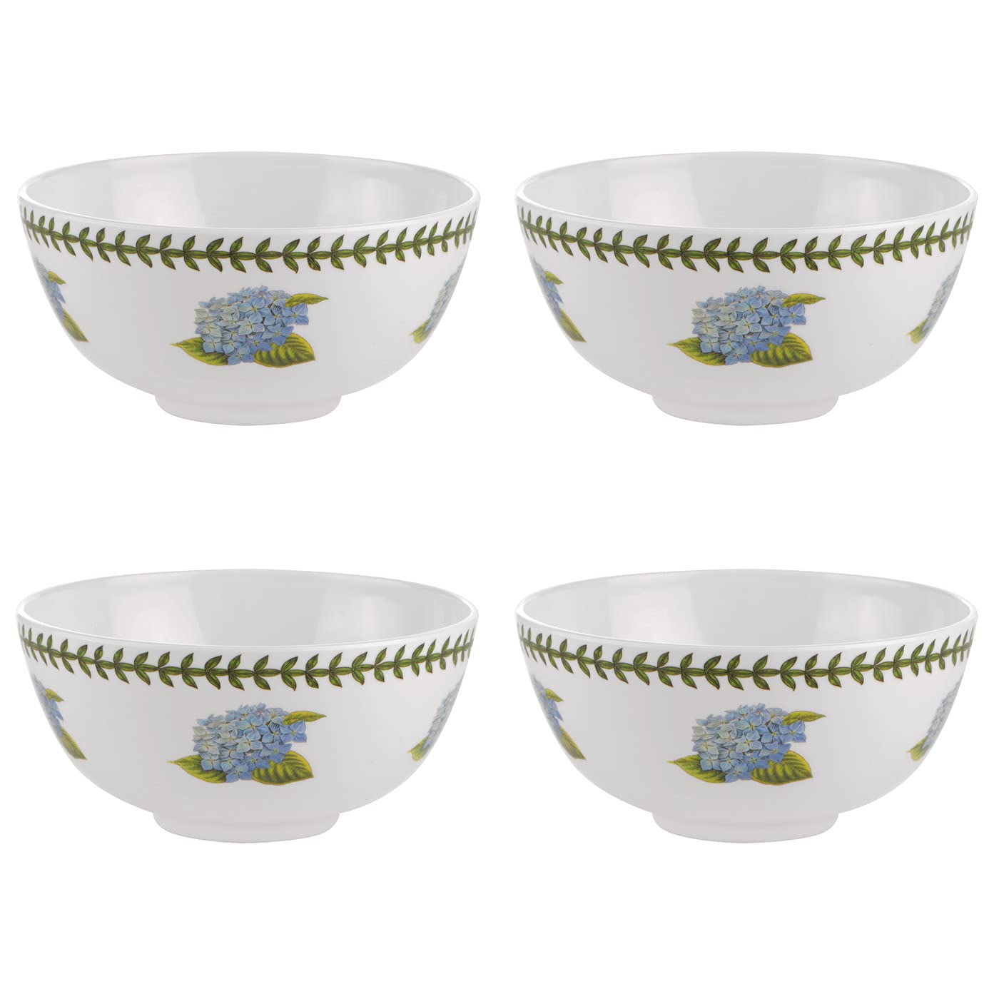 Portmeirion Botanic Garden Collection Melamine Bowls | Set of 4 Bowls with Hydrangea Motif | 6 Inch Bowls for Soup, Cereal, or Salad | for Indoor and Outdoor use | Dishwasher Safe