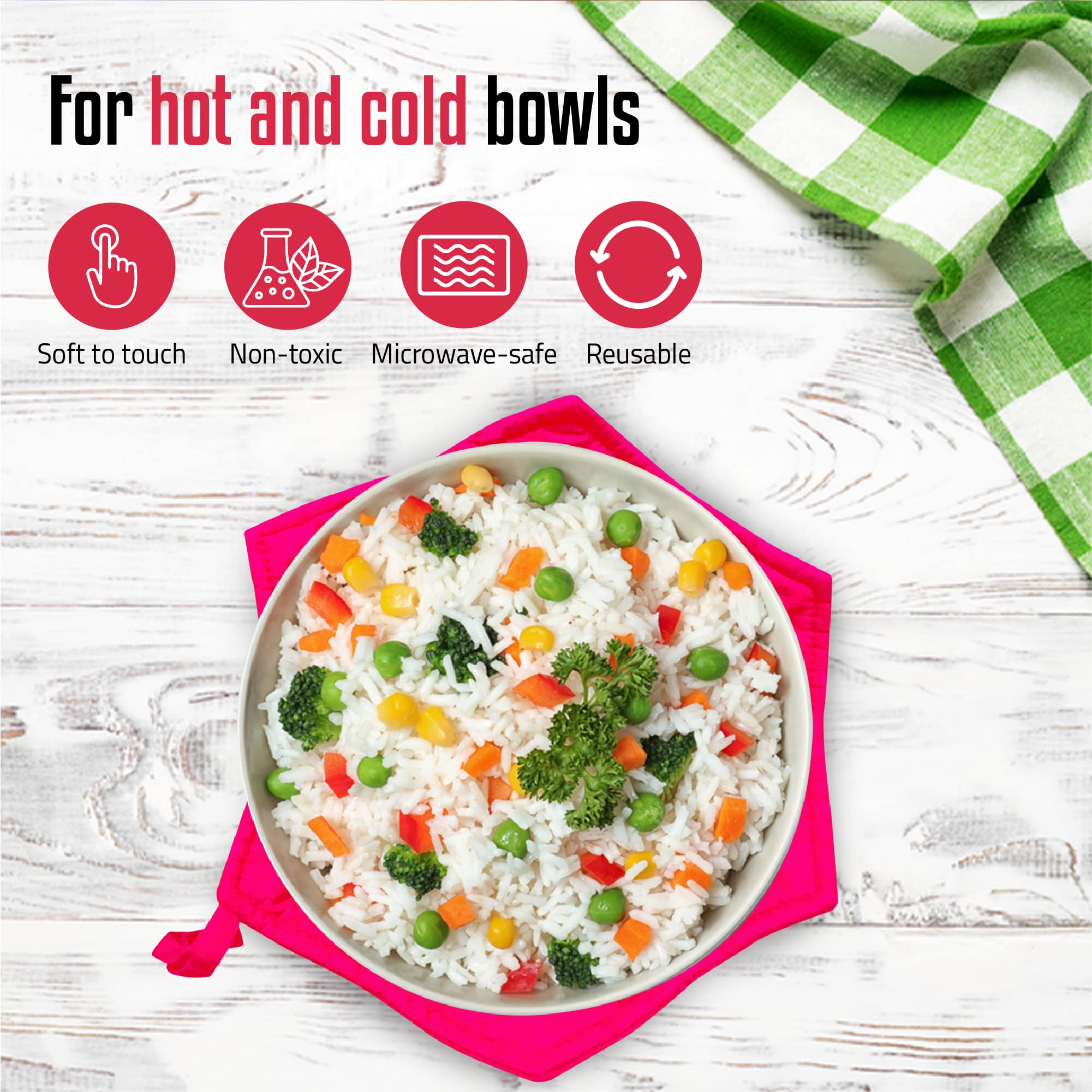 Set of 5 Bowl Holders, Cotton Huggers for Microwave, Cozy and Heat Resistant, Multicolor Bowl Holders, Heating or Warming Soup and Other Foods, Machine Washable, Oven Mitt Included