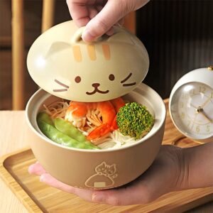 Japanese Style Ceramic Soup Bowls with Lids Ramen Bowl Cute Kitten Design for Mixing Salad, Noodle, Instant Noodles, Ramen Cooker, Kitchen Oven, Microwave Safe Bowl Cat Gifts for Cat Lovers (khaki)