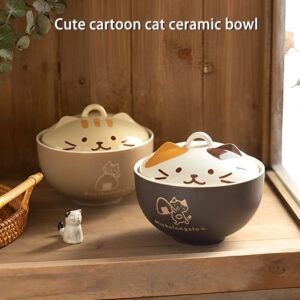 Japanese Style Ceramic Soup Bowls with Lids Ramen Bowl Cute Kitten Design for Mixing Salad, Noodle, Instant Noodles, Ramen Cooker, Kitchen Oven, Microwave Safe Bowl Cat Gifts for Cat Lovers (khaki)