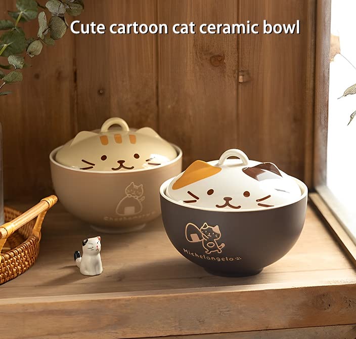 Japanese Style Ceramic Soup Bowls with Lids Ramen Bowl Cute Kitten Design for Mixing Salad, Noodle, Instant Noodles, Ramen Cooker, Kitchen Oven, Microwave Safe Bowl Cat Gifts for Cat Lovers (khaki)