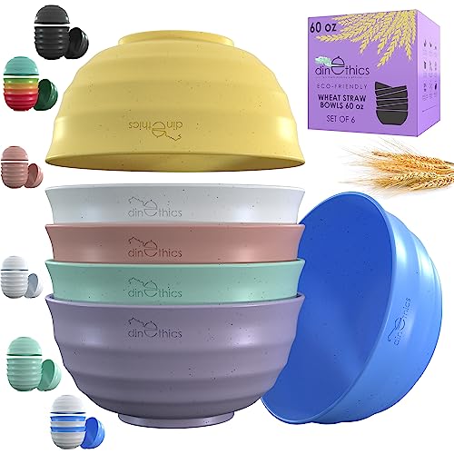 DINETHICS 60 OZ 6 Big Bowl Set - Wheat Straw Bowls - Unbreakable Microwave Safe Bowls - Large Cereal Bowl - Salad Bowls Large Serving Bowls For Kitchen -Bowls For Family Movie Night (Coral)