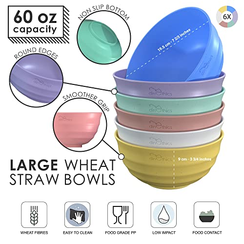 DINETHICS 60 OZ 6 Big Bowl Set - Wheat Straw Bowls - Unbreakable Microwave Safe Bowls - Large Cereal Bowl - Salad Bowls Large Serving Bowls For Kitchen -Bowls For Family Movie Night (Coral)