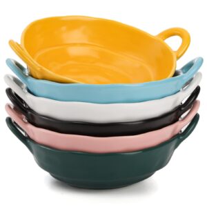 soujoy set of 6 ceramic soup bowl, 20oz individual salad bowls with handles, irregular shape colorful cereal bowl for soup, pasta, ice cream, fruits, dessert, appetizer, rice, matte glazed