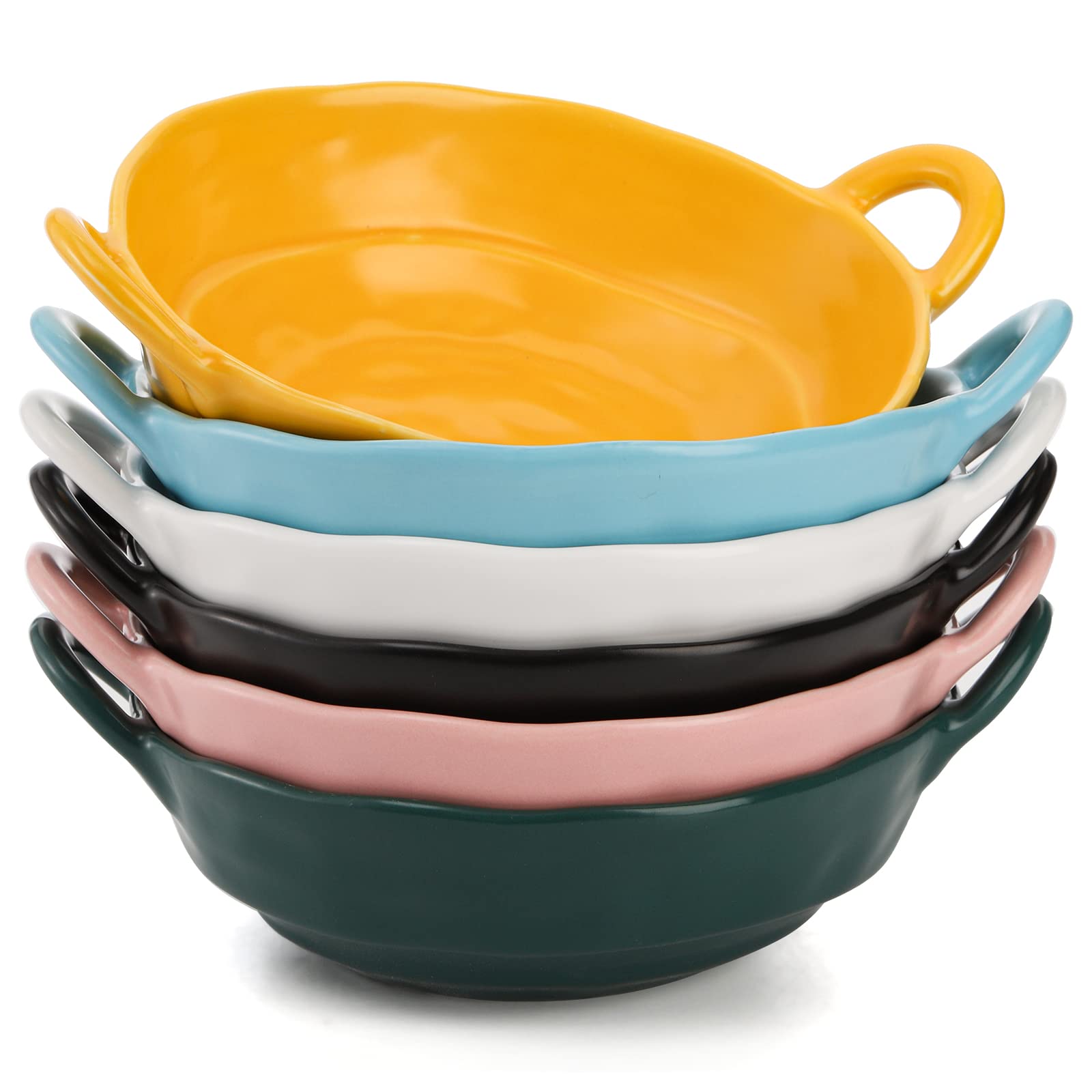 SOUJOY Set of 6 Ceramic Soup Bowl, 20oz Individual Salad Bowls with Handles, Irregular Shape Colorful Cereal Bowl for Soup, Pasta, Ice Cream, Fruits, Dessert, Appetizer, Rice, Matte Glazed