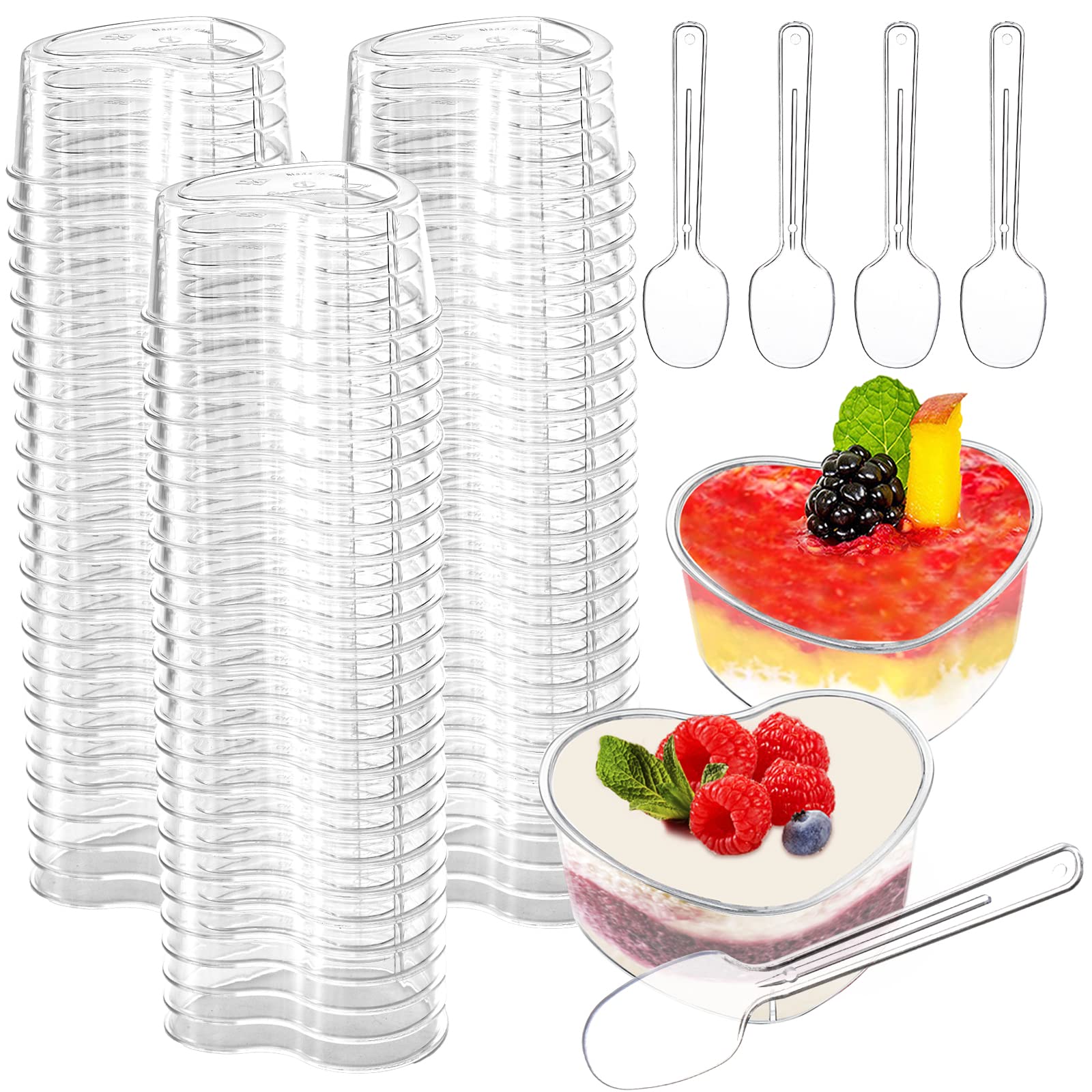 Foraineam 100 Pack 3.5 oz Clear Plastic Dessert Cups with Spoons, Valentine's Day Mini Appetizer Serving Plates Disposable Bowls for Desserts, Appetizers, Puddings, Mousse, Fruit Parfait and More