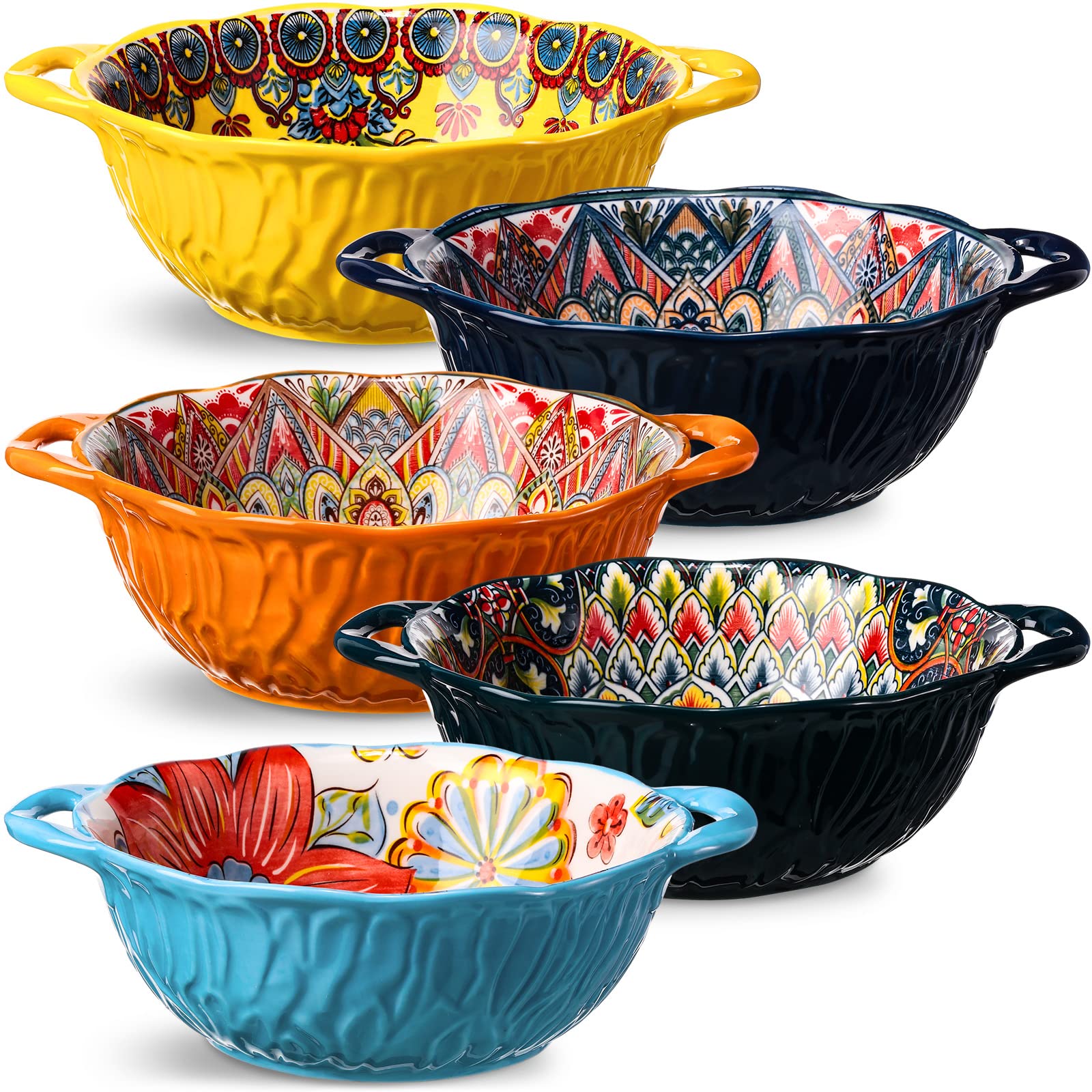 Lallisa 5 Pcs 32 oz Ceramic Soup Bowls with Double Handle Oven Safe Soup Bowls Colorful Cute Bowls Embossed Soup Bowls Set for Cereal, Soup, Salad, Stew, Cereal, Pot Pies and Pasta