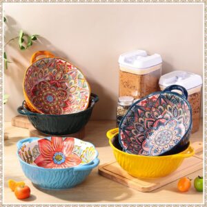 Lallisa 5 Pcs 32 oz Ceramic Soup Bowls with Double Handle Oven Safe Soup Bowls Colorful Cute Bowls Embossed Soup Bowls Set for Cereal, Soup, Salad, Stew, Cereal, Pot Pies and Pasta