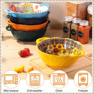 Lallisa 5 Pcs 32 oz Ceramic Soup Bowls with Double Handle Oven Safe Soup Bowls Colorful Cute Bowls Embossed Soup Bowls Set for Cereal, Soup, Salad, Stew, Cereal, Pot Pies and Pasta