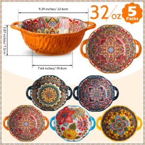 Lallisa 5 Pcs 32 oz Ceramic Soup Bowls with Double Handle Oven Safe Soup Bowls Colorful Cute Bowls Embossed Soup Bowls Set for Cereal, Soup, Salad, Stew, Cereal, Pot Pies and Pasta