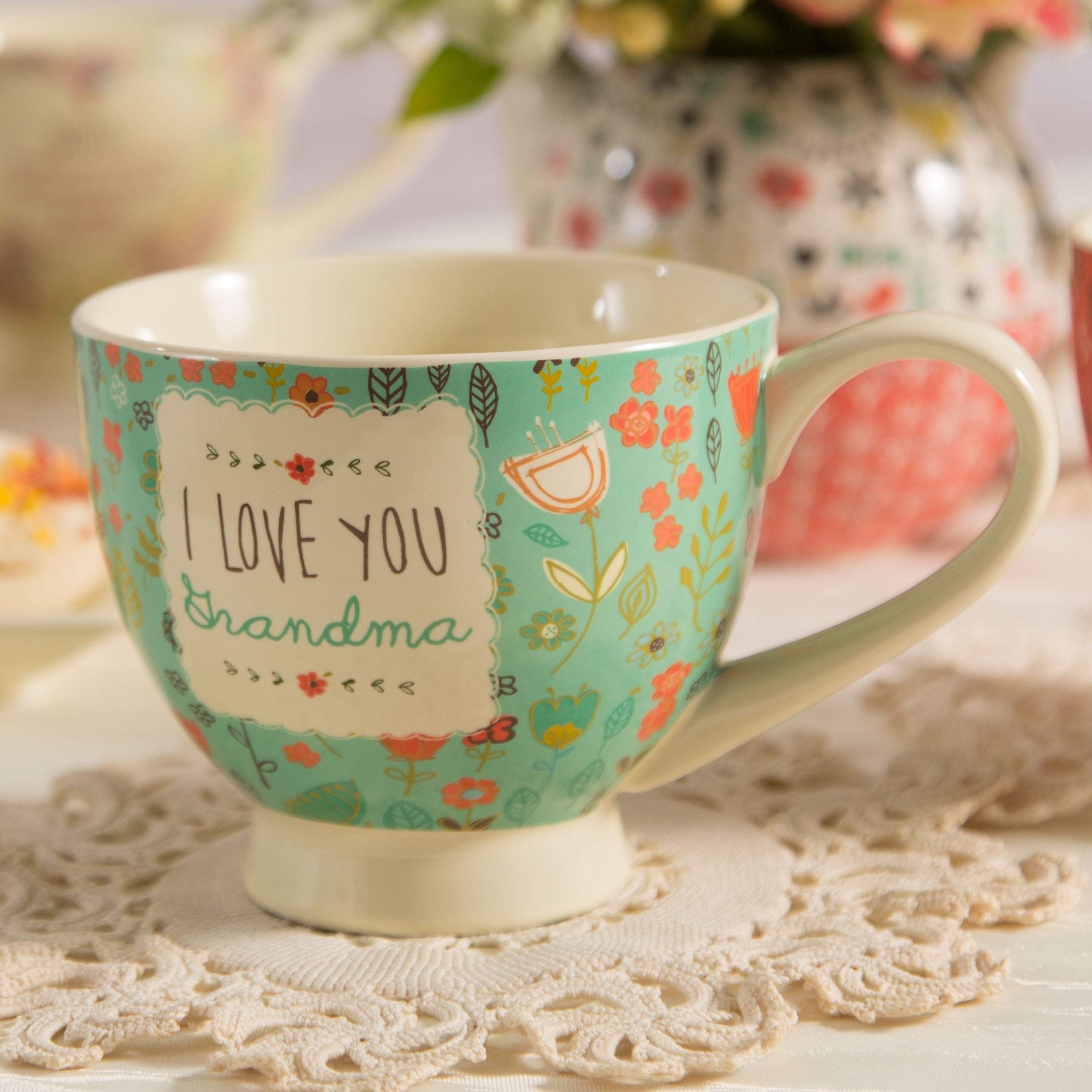 Pavilion Gift Company "A Mother's Love-God Could Not Be Everywhere so He Created Godmothers" Floral Soup Bowl Mug, Teal, 17 oz