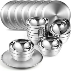 sunnyray stainless steel plates and bowls metal camping plates reusable 13oz steel snack bowls feeding serving dinner dishes double walled insulated metal bowls for kids (10 set,8 inch)