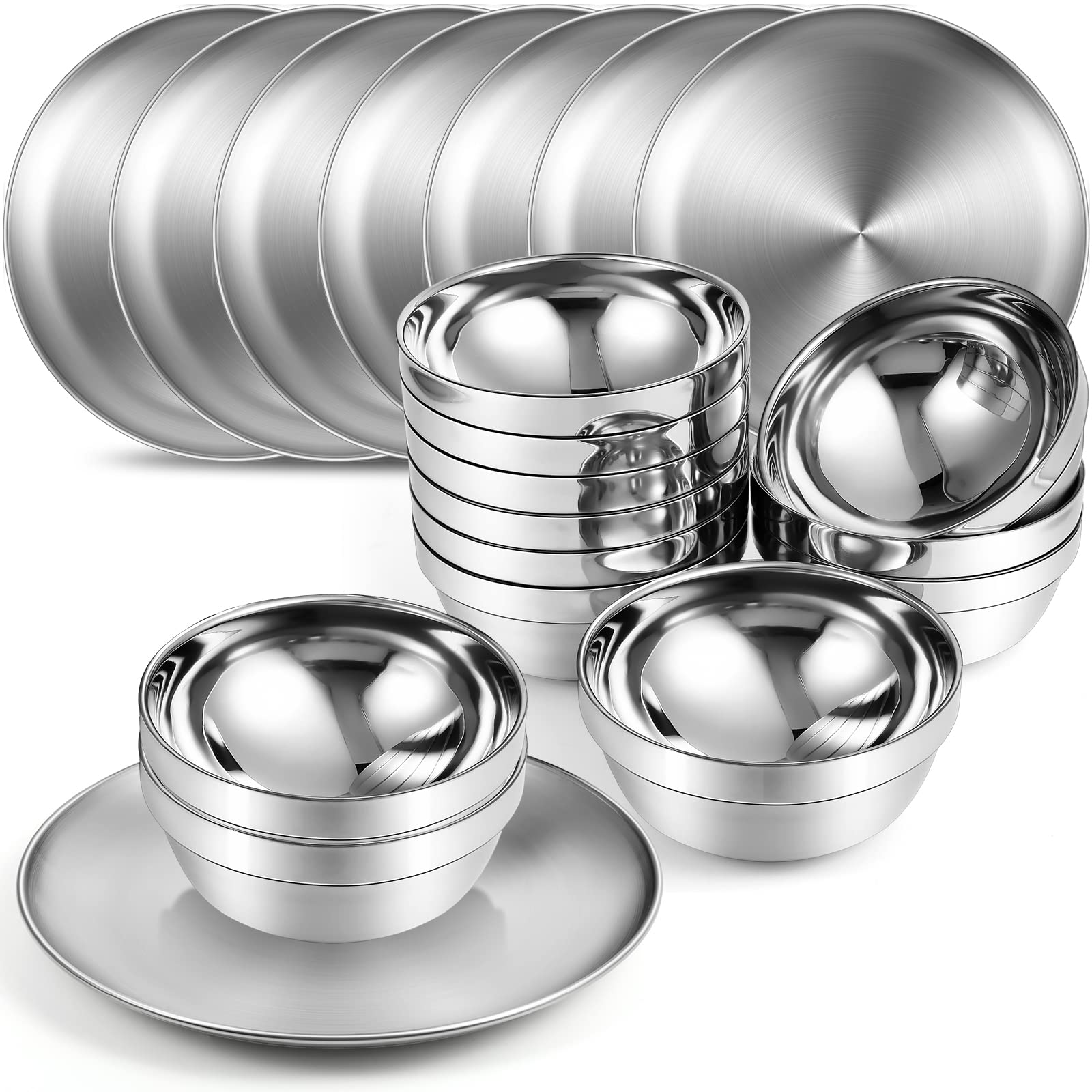 Sunnyray Stainless Steel Plates and Bowls Metal Camping Plates Reusable 13oz Steel Snack Bowls Feeding Serving Dinner Dishes Double Walled Insulated Metal Bowls for Kids (10 Set,8 Inch)