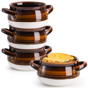 fasmov 4 pack french onion soup bowls with handles, 16 oz ceramic soup serving bowl crocks, stoneware, dishwasher, microwave, oven & broil safe