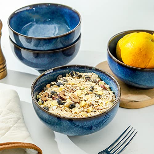 YELLOYA Ceramic Cereal Bowls, 26 oz Soup Bowl Set of 4, 6 inch Porcelain Serving Bowls for Kitchen Dessert Snack Rice, Ceylon Blue