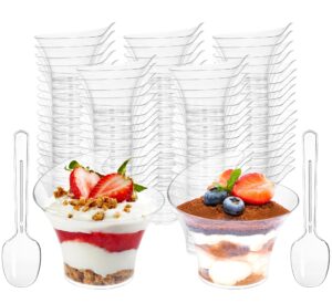 nicunom 100 pack mini dessert cups with spoons, 3.5 oz plastic dessert cups clear parfait appetizer cup, small serving bowl for ice cream mousse tasting party sample appetizers