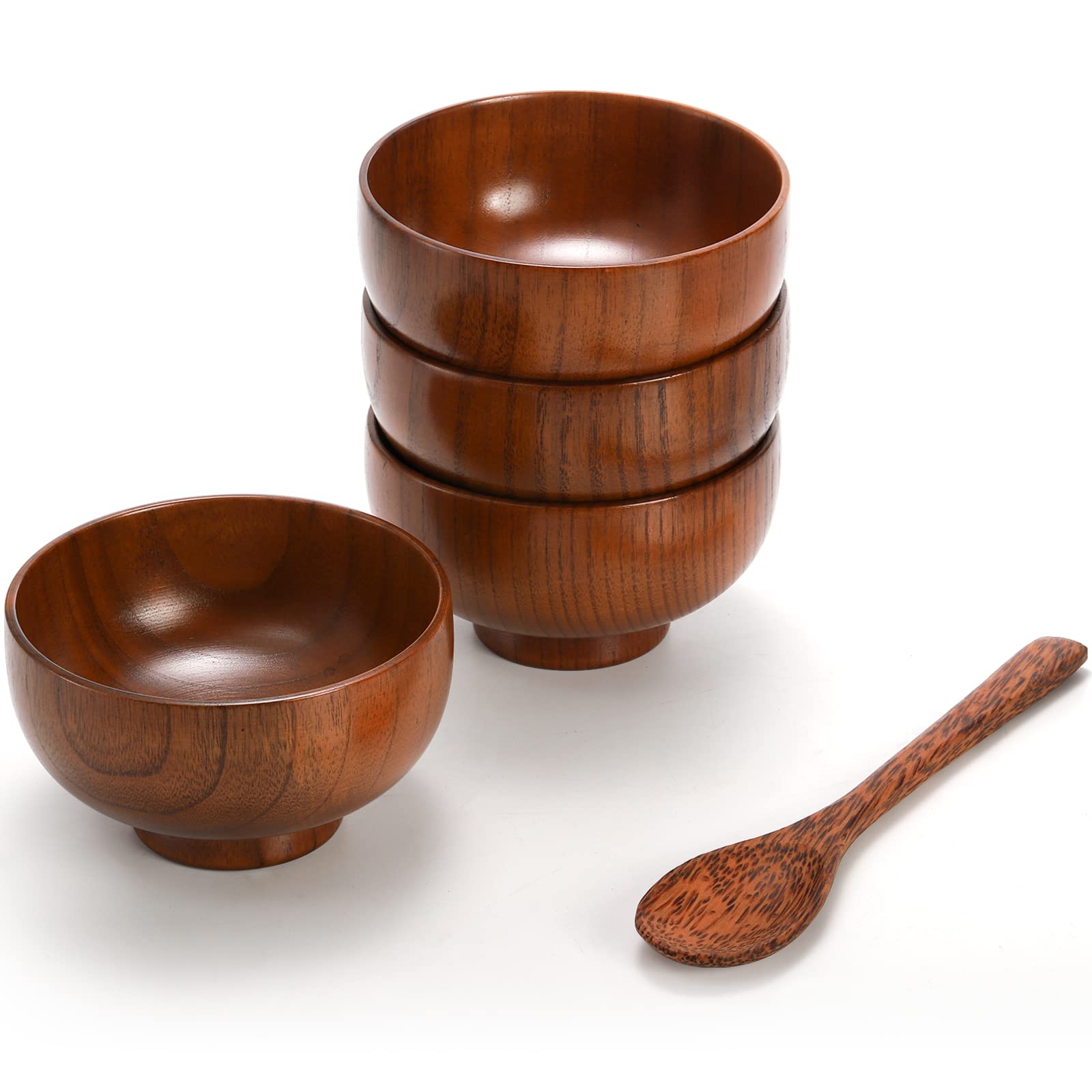 Fasmov Handmade Wood Bowl, 4 Pack Jujube Wooden Salad Bowl Set, Wood Bowl Serving Tableware for Rice, Soup, Dip, Coffee, Tea, Decoration