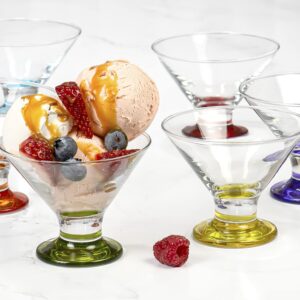 Coral Crema Savory Sweets Footed Ice Cream Bowl, Glass Dessert Cups For Parfait Fruit Salad or Pudding, Assorted Colors, Set of 6, 5.5 oz