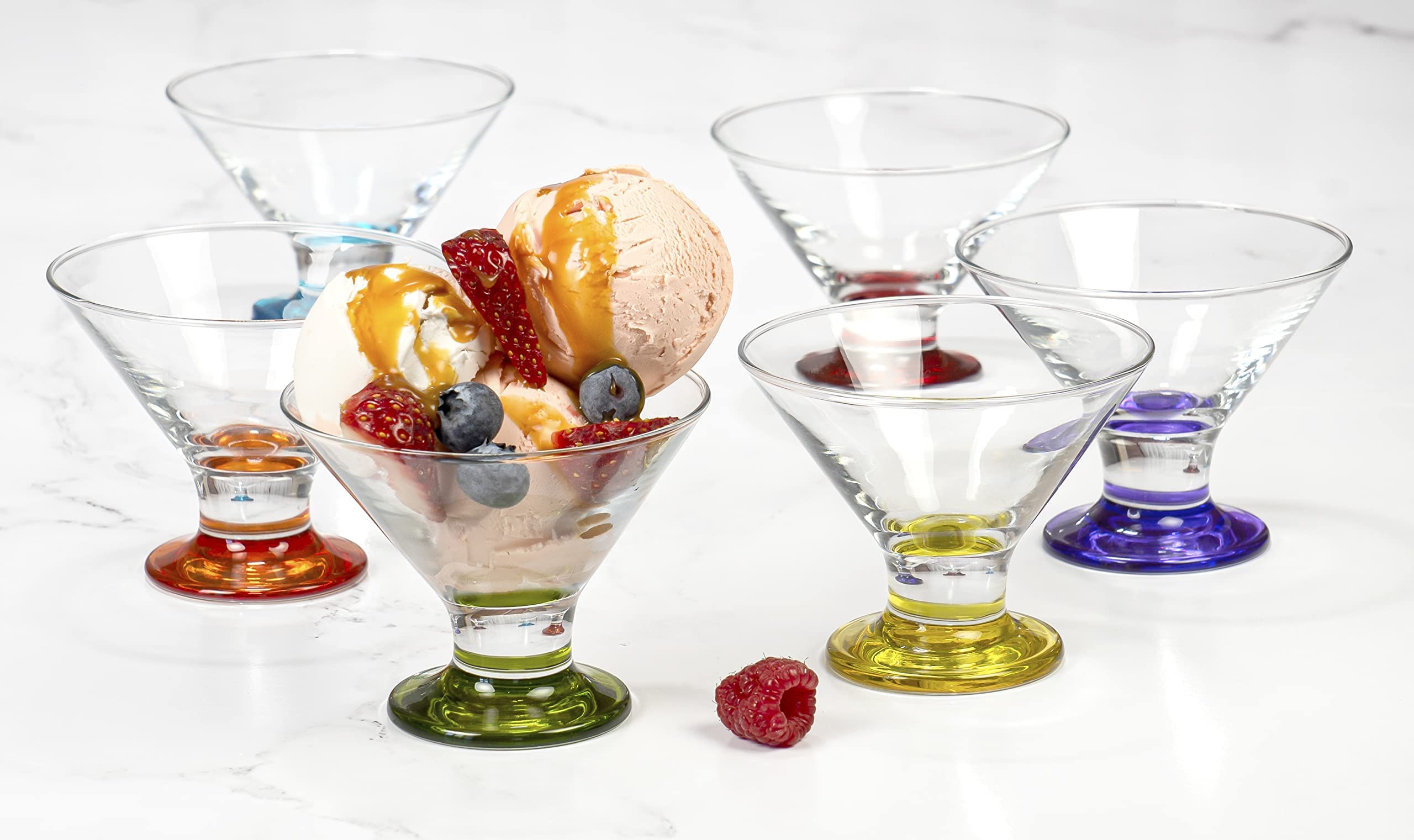 Coral Crema Savory Sweets Footed Ice Cream Bowl, Glass Dessert Cups For Parfait Fruit Salad or Pudding, Assorted Colors, Set of 6, 5.5 oz