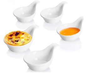 leoyoubei white dipping bowls with grip handle,2 oz porcelaintomato sauce,soy,ketchup,porcelain dipping bowls,caviar,bbq,appetizer spoon styl tableware 2.75",stackable ramekins 5 pack