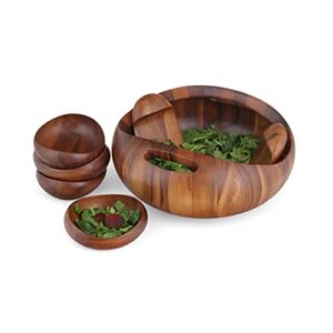nambe pebble 7pc salad set | large 15-inch serving bowl | made of acacia wood | includes salad serving bowl, individual bowls, and salad tossers | perfect for entertaining