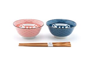 fuji merchandise japanese porcelain multi purpose tayo bowl maneki neko lucky cat meow design set of 2 with chopsticks gift set made in japan