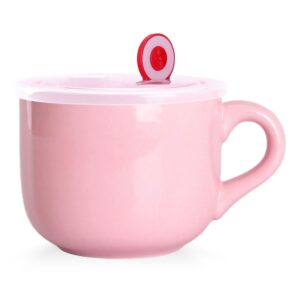 WHJY Simple Ceramic Soup Mugs with Lid, 22 oz Soup Cups with Handle, Microwave Oatmeal Bowl Coffee Mug with Lid and Handle for Milk, Tea, Fruit, Ice Cream Cereal Coffee - Pink