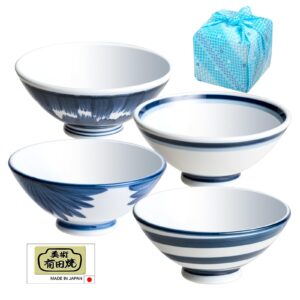 sazanka japanese rice bowls ceramic soup bowls set of 4, 6.1 ounce small cereal bowls rice bowls white and blue bowls, microwave safe bowls,salad and pasta,dessert bowls w/gift box