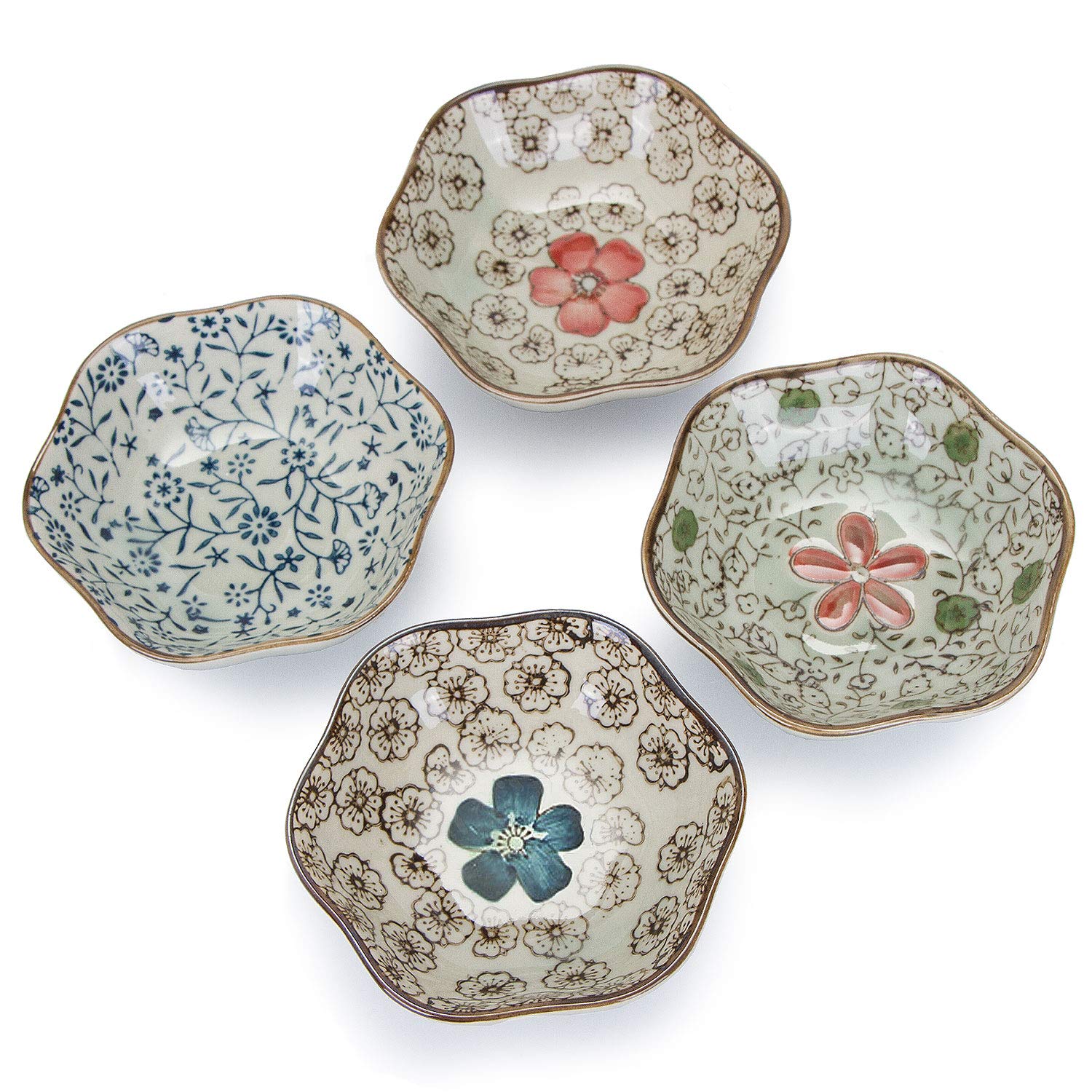 VanEnjoy 4 pcs Colorful Glaze Flower Pattern Ceramic Soy Sauce Dipping Bowls Appetizer Plates Serving Dishes Condiment Dish