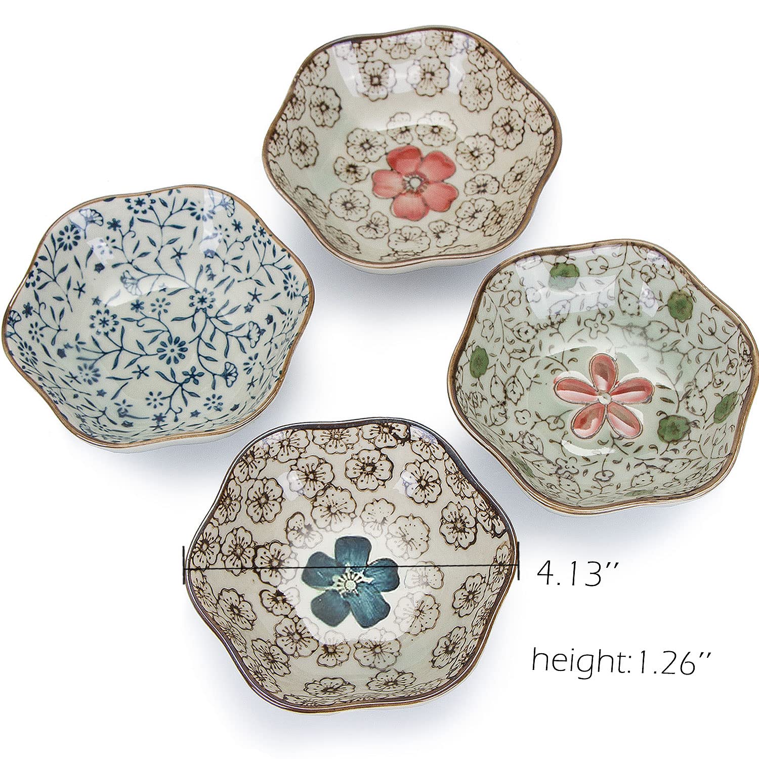 VanEnjoy 4 pcs Colorful Glaze Flower Pattern Ceramic Soy Sauce Dipping Bowls Appetizer Plates Serving Dishes Condiment Dish