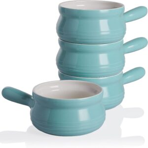 sweejar porcelain soup bowls with handle, 22 oz ceramic serving crocks for french onion soup, pumpkin soup, oatmeal, stew, dishwasher and microwave safe, set of 4 （turquoise ）