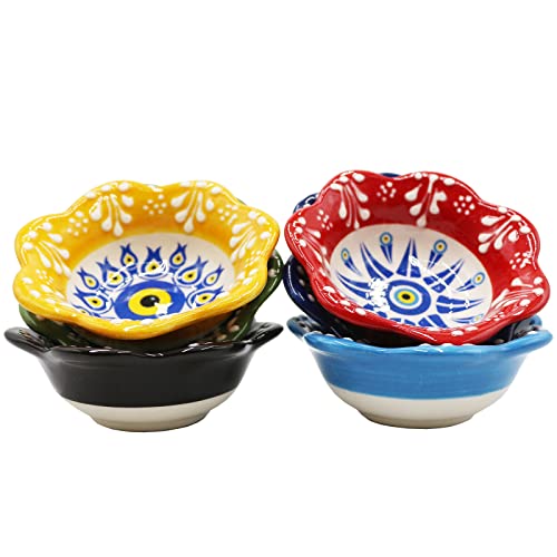 HeraCraft 6pcs Daisy Shaped Evil Eye Hand-Painted Ceramic Snack Bowls 3.74''/9.5cm-77ml/2.7 oz Decorative Nazar Design Multi-Purpose Cute Set - Pinch Sauce Dipping Finger Small Serving Bowls