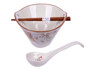 lldayu large ceramic japanese ramen noodle soup bowl, 27 ounce deep bowl, with matching spoon and chopsticks for udon soba pho asian noodles.dishwasher & microwave safe(lucky cat)