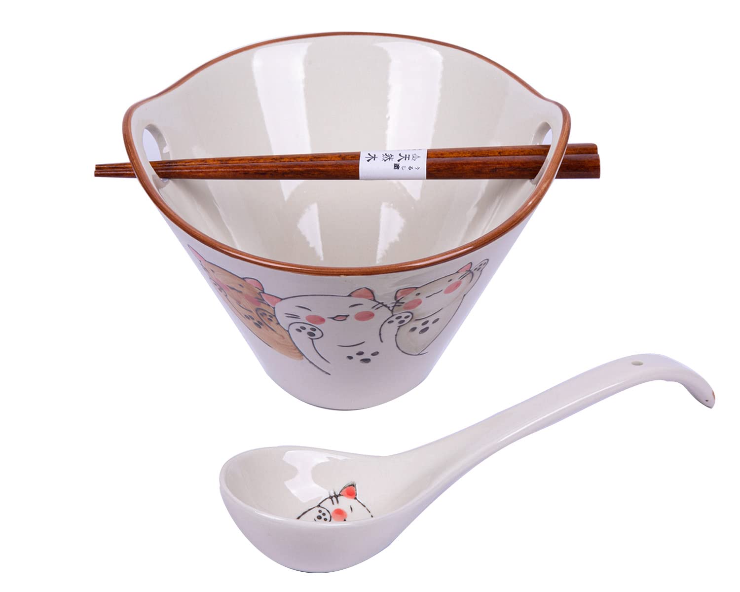 LLDAYU large Ceramic Japanese Ramen Noodle Soup Bowl, 27 Ounce Deep Bowl, with Matching Spoon and Chopsticks for Udon Soba Pho Asian Noodles.Dishwasher & Microwave Safe(Lucky Cat)