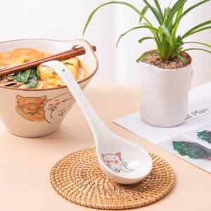 LLDAYU large Ceramic Japanese Ramen Noodle Soup Bowl, 27 Ounce Deep Bowl, with Matching Spoon and Chopsticks for Udon Soba Pho Asian Noodles.Dishwasher & Microwave Safe(Lucky Cat)