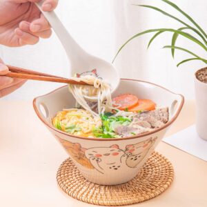 LLDAYU large Ceramic Japanese Ramen Noodle Soup Bowl, 27 Ounce Deep Bowl, with Matching Spoon and Chopsticks for Udon Soba Pho Asian Noodles.Dishwasher & Microwave Safe(Lucky Cat)