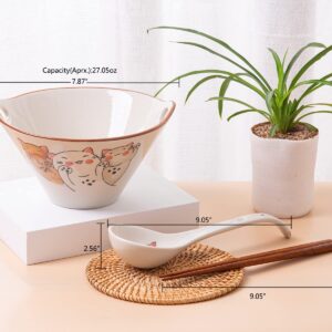 LLDAYU large Ceramic Japanese Ramen Noodle Soup Bowl, 27 Ounce Deep Bowl, with Matching Spoon and Chopsticks for Udon Soba Pho Asian Noodles.Dishwasher & Microwave Safe(Lucky Cat)