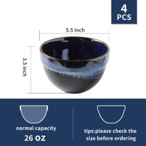 KOOV Porcelain Large Soup Bowl Microwave Safe, 26 Ounce Cereal Bowl, Ceramic Bowls For Oatmeal, Noodle, Breakfast Bowl, Baking Bowl Reactive Glaze Set of 4 (Nebula Blue)