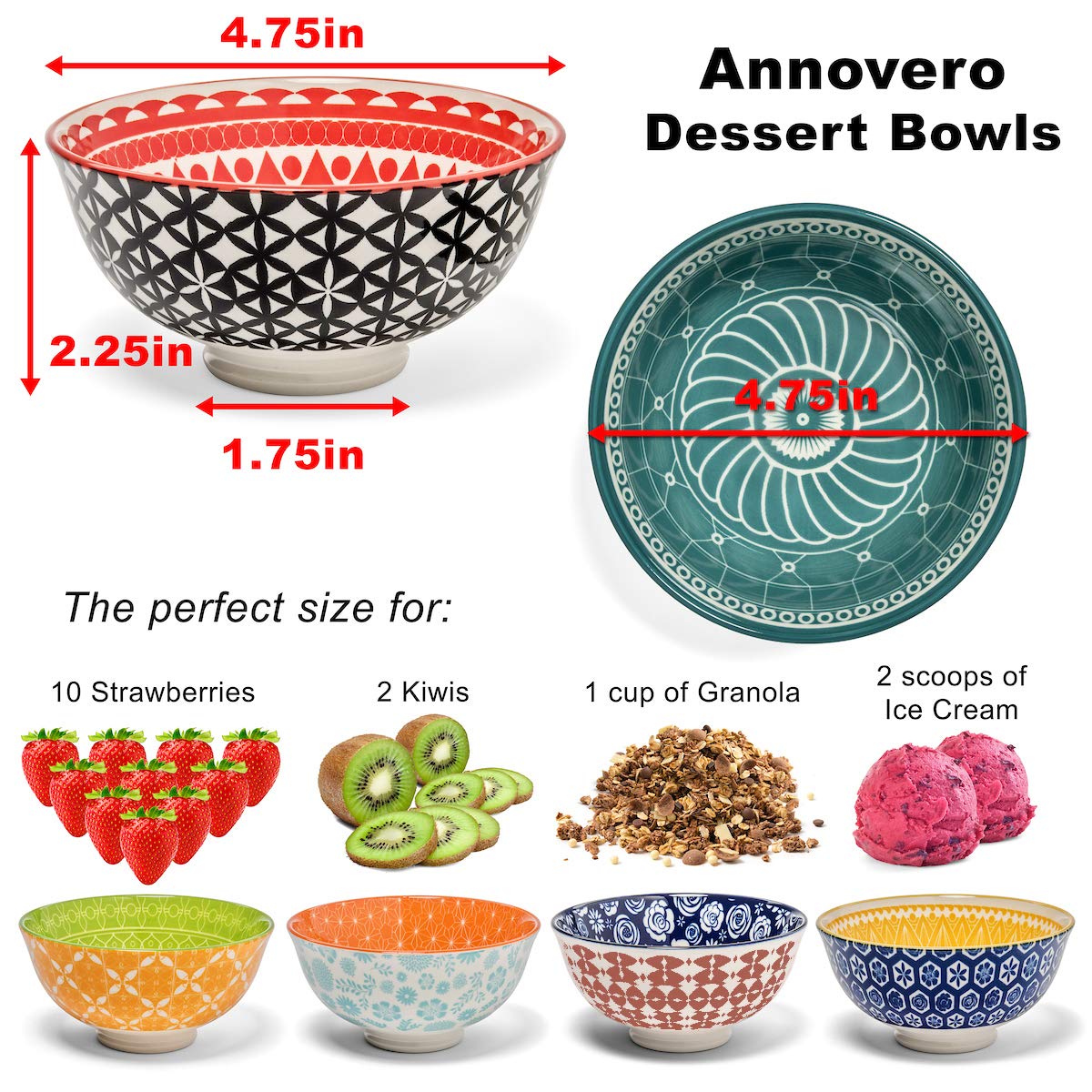 Annovero Cereal Bowls, Dessert Bowls, Pasta Bowls. Cute and Colorful Porcelain Dishes for Kitchen, Microwave and Oven Safe. Bundle