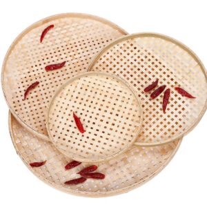 100% Handwoven Flat Wicker Round Fruit Basket Woven Food Storage Weaved Shallow Tray Organizer Holder Bowl Decorative Rack Display Kids DIY Drawing Board (Sqaure Hollow-Bamboo White, 18cm/7")